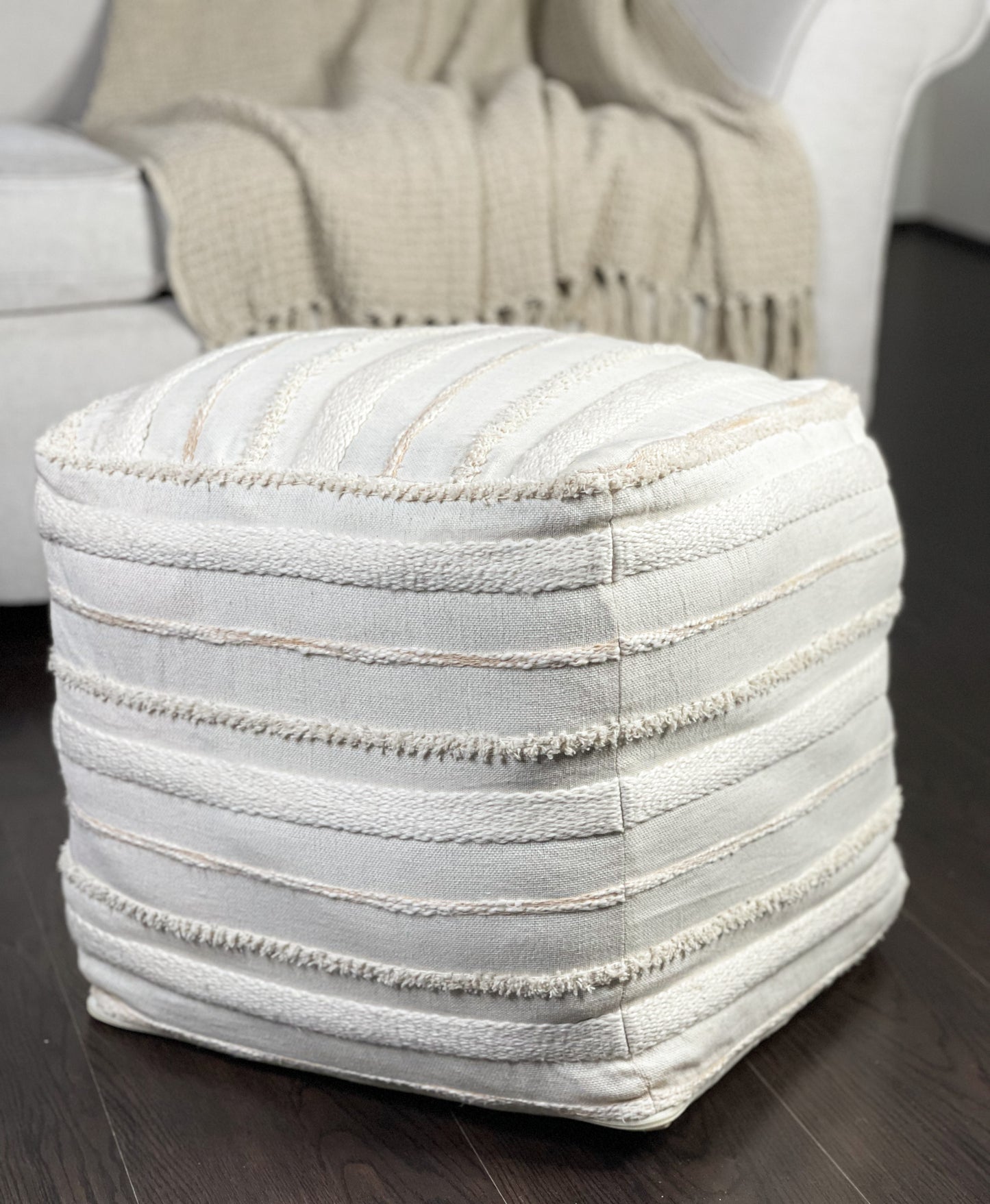 COTTON POUF COVER, IVORY-BEIGE, 16"x16"x16"