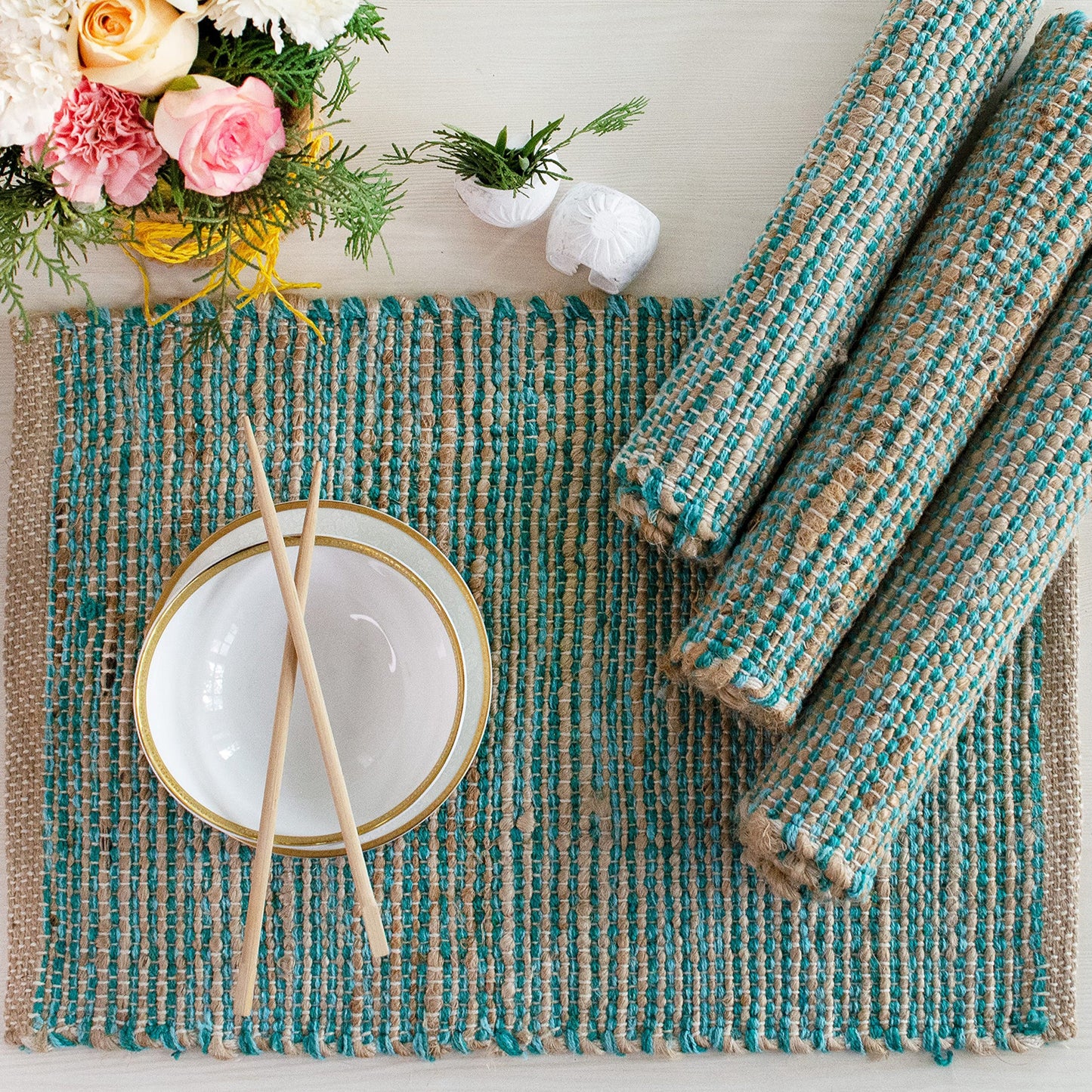 Ombre Placemats Set Of 4 - Natural/Aqua Turquoise, 13''x19''