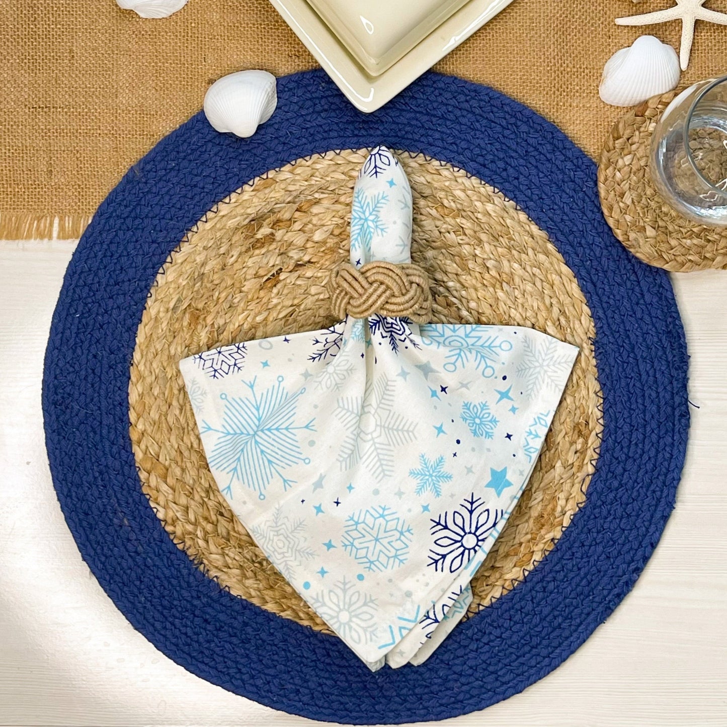VERONA ROUND BORDER PLACEMATS SET OF 4, NAT-NAVY, 15''x15''