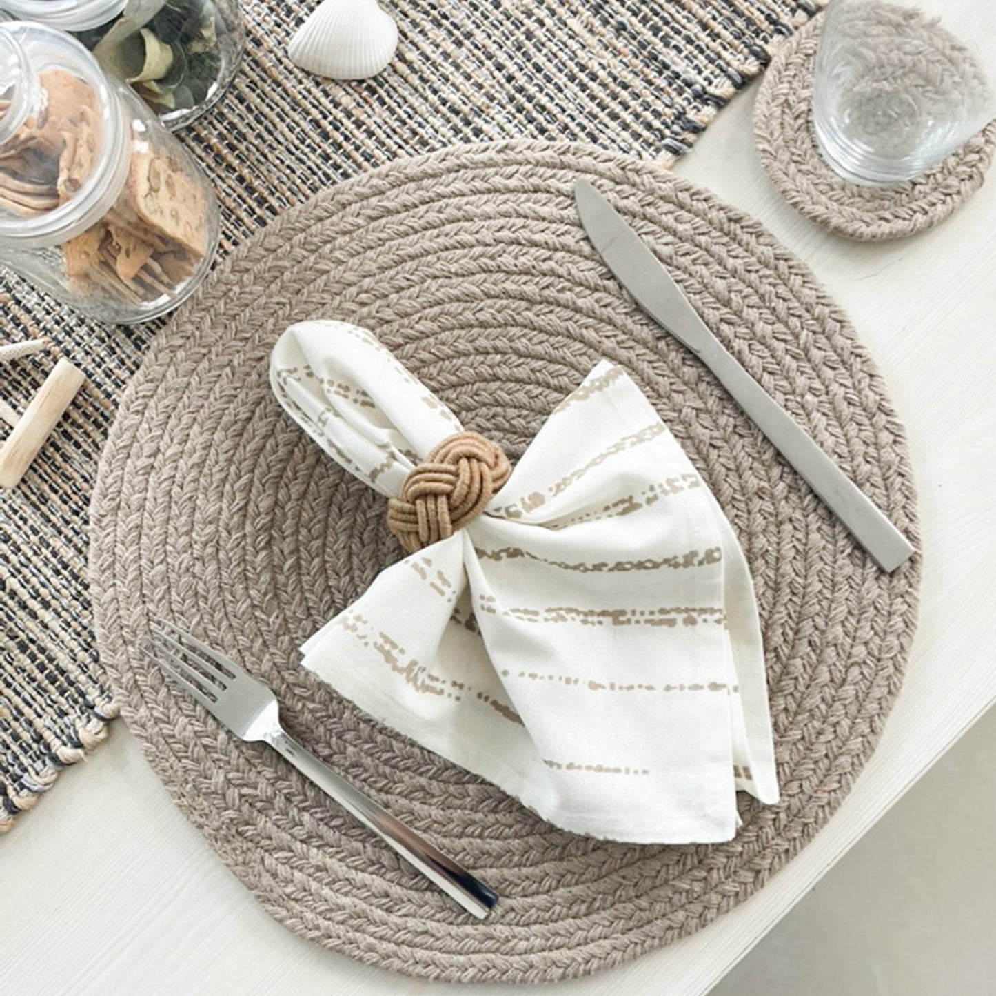 COTTON BRAIDED ROUND PLACEMATS SET OF 4, BEIGE, 15''x15''