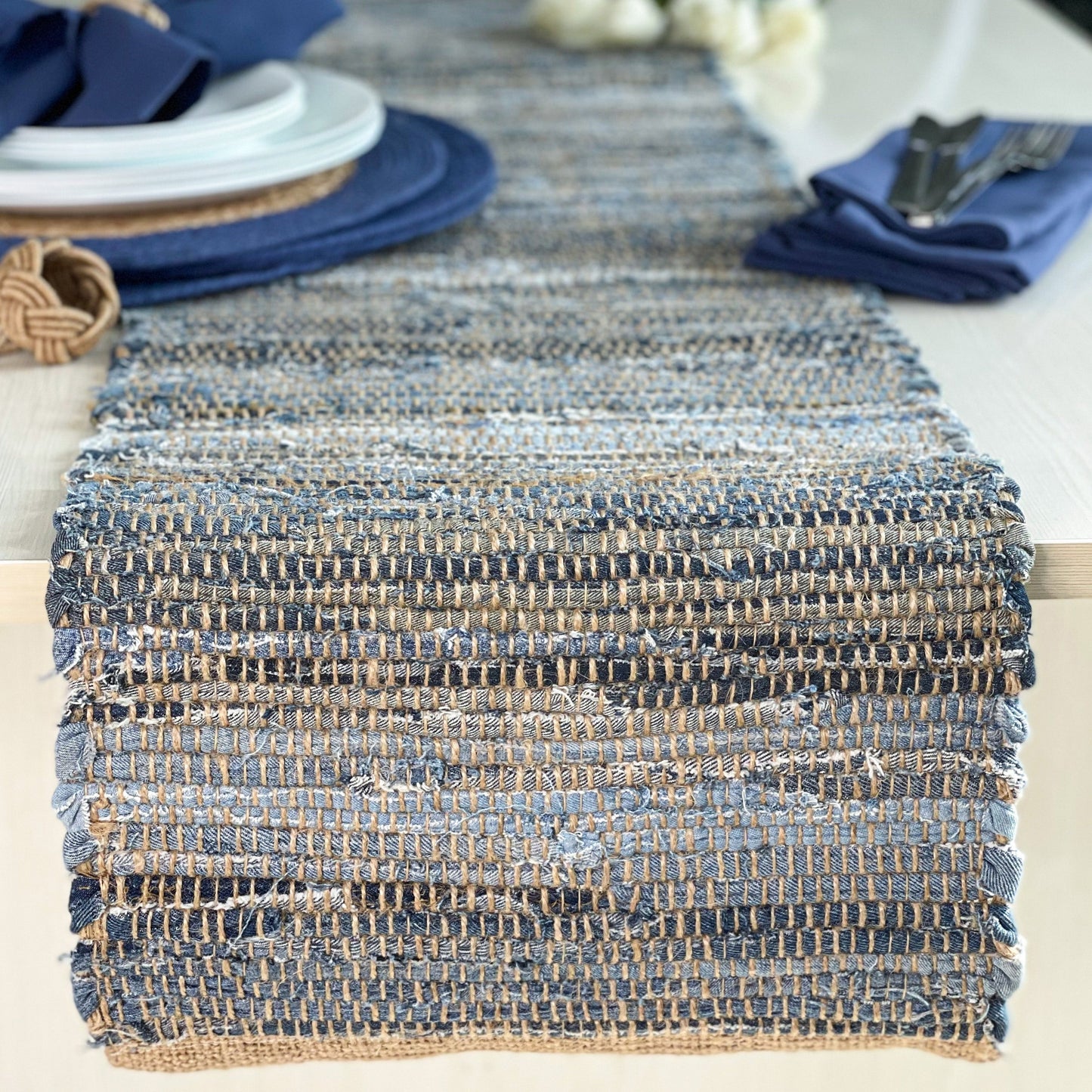 Denim Jute Table Runner - Denim Blue, 14''x72''