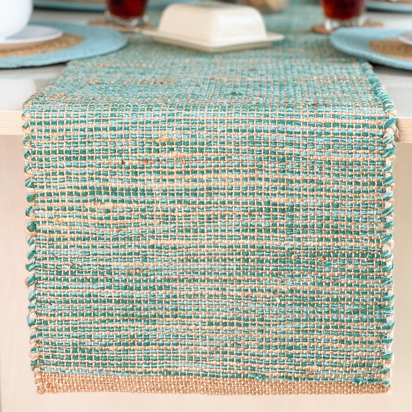 Ombre Table Runner - Natural/Aqua Turquoise, 13''x72''