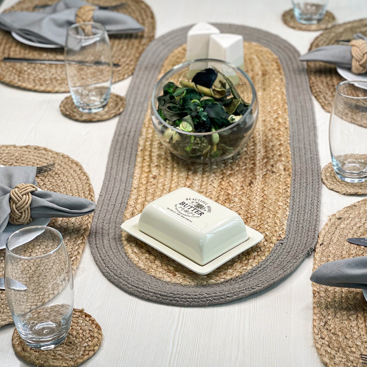 VERONA JUTE BORDER ROUND TABLE RUNNER-NAT-GREY, 13''x36''