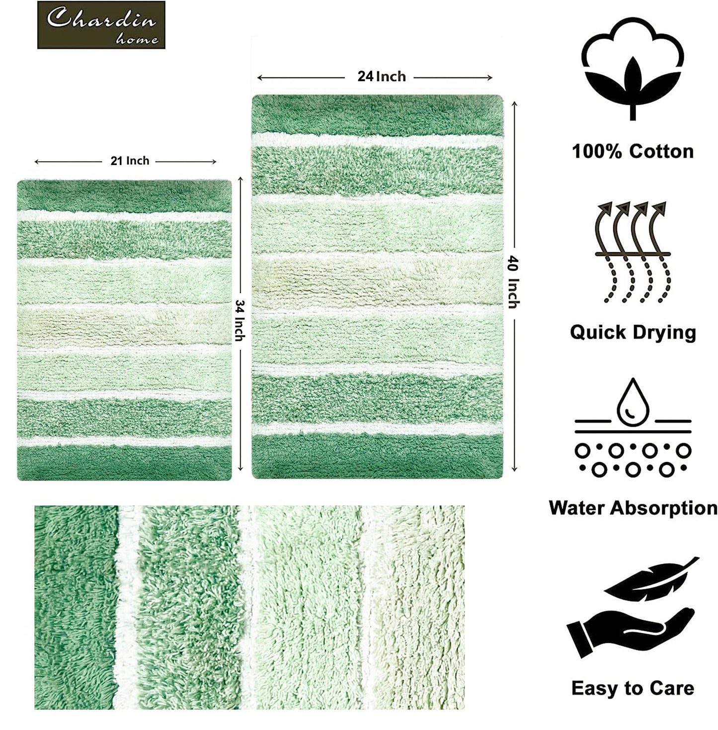 Cordural Stripe 2 Pc Bath Set-Sage Green Ombre,24''X40''/21''X34''