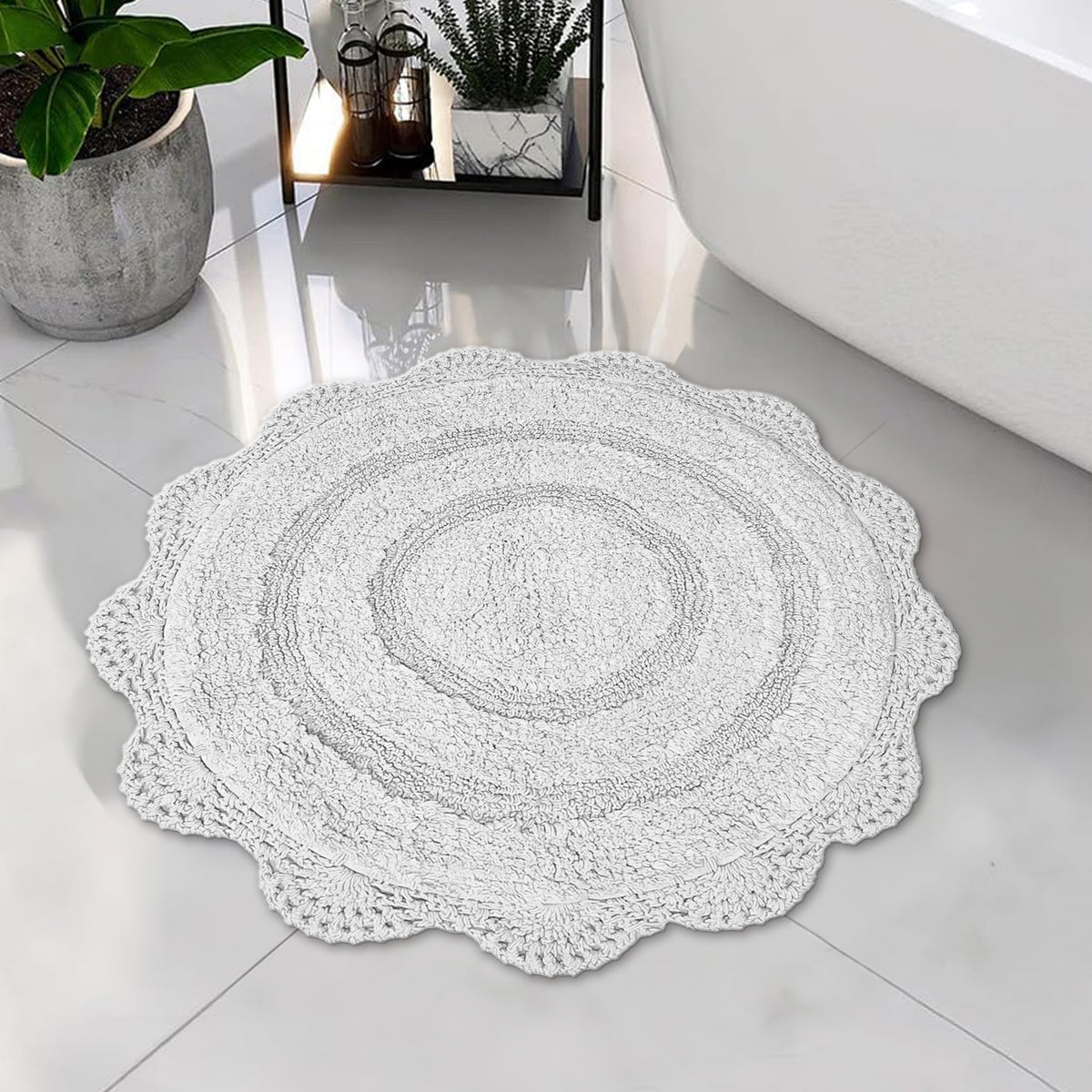 CROCHET ROUND BATH MAT, 24'' RND., LT. GREY