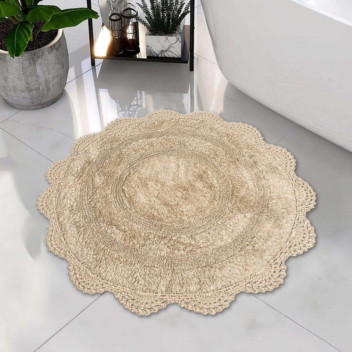 CROCHET ROUND BATH MAT, 24'' RND., BEIGE