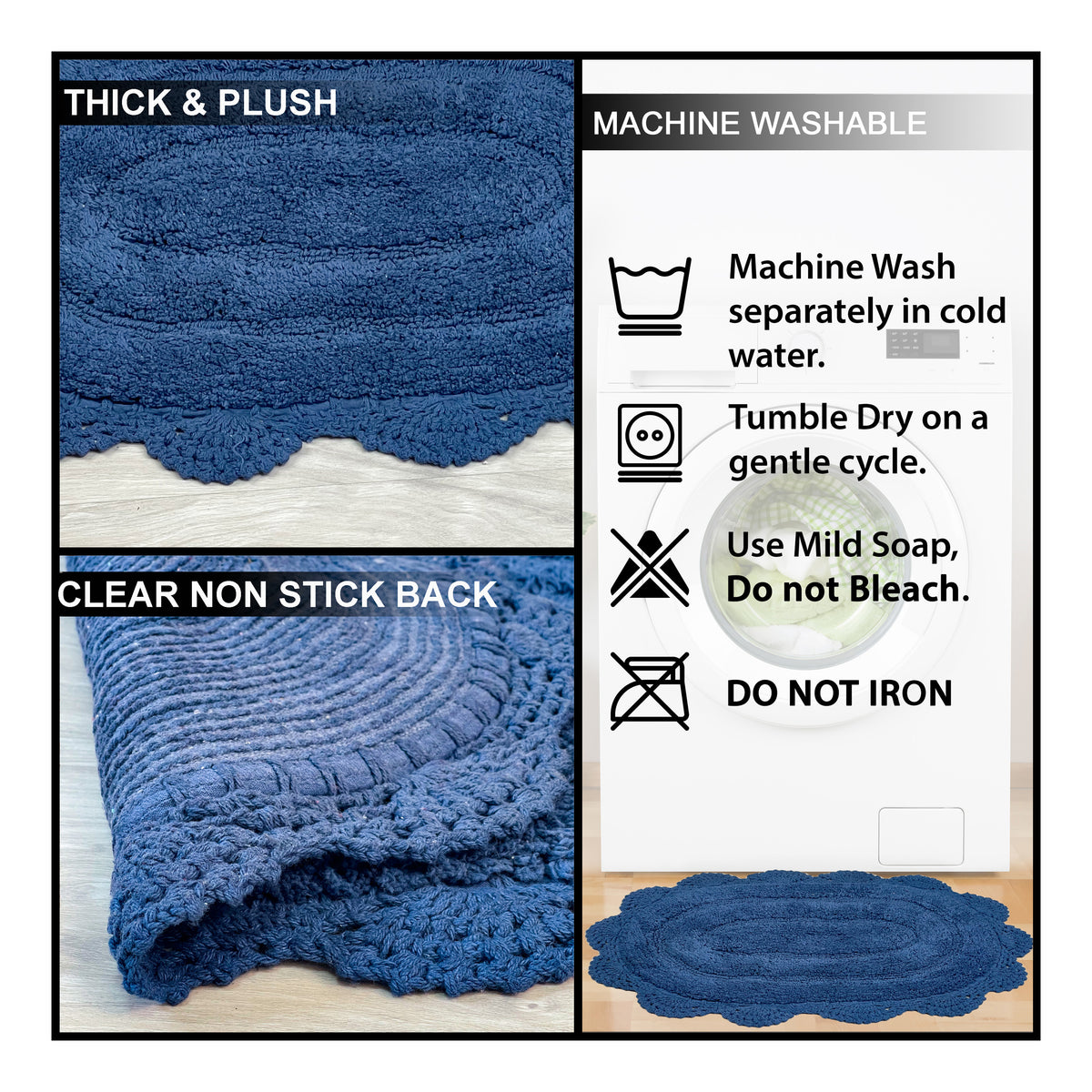 CROCHET OVAL BATH MAT, 21''x34'', NAVY BLUE