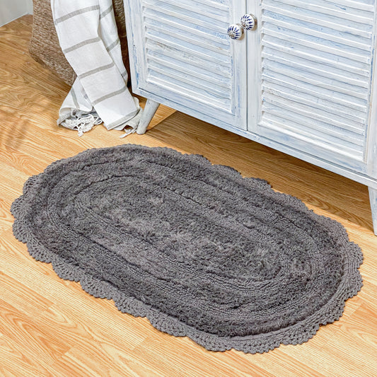 CROCHET OVAL BATH MAT, 24''x40'', GRIFFIN GREY 100% COTTON