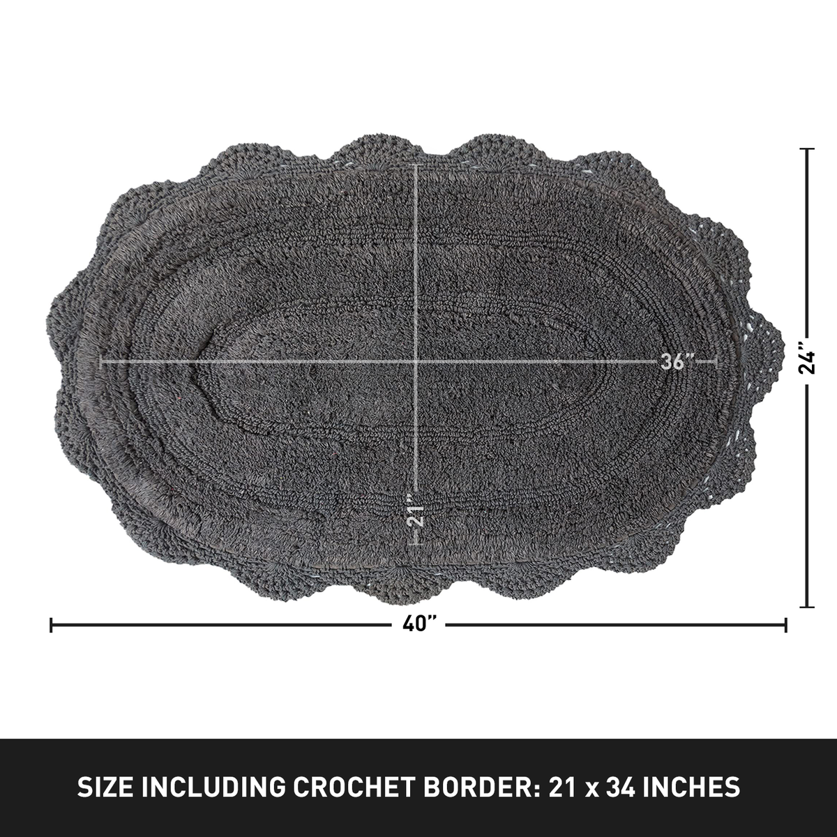 CROCHET OVAL BATH MAT, 24''x40'', GRIFFIN GREY 100% COTTON