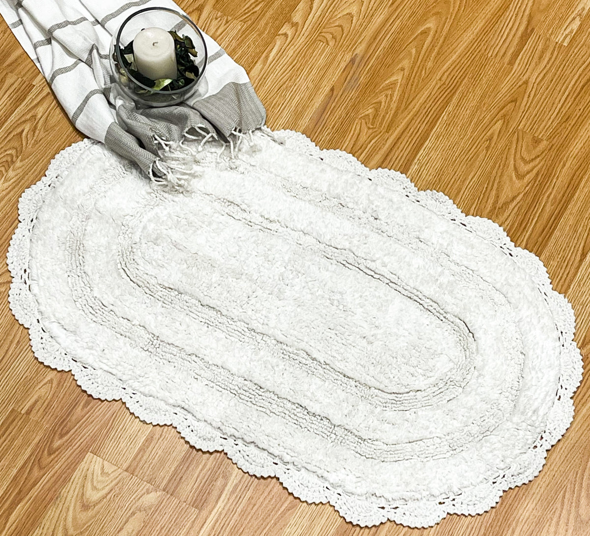 CROCHET OVAL BATH MAT, 24''x40'', WHITE 100% COTTON