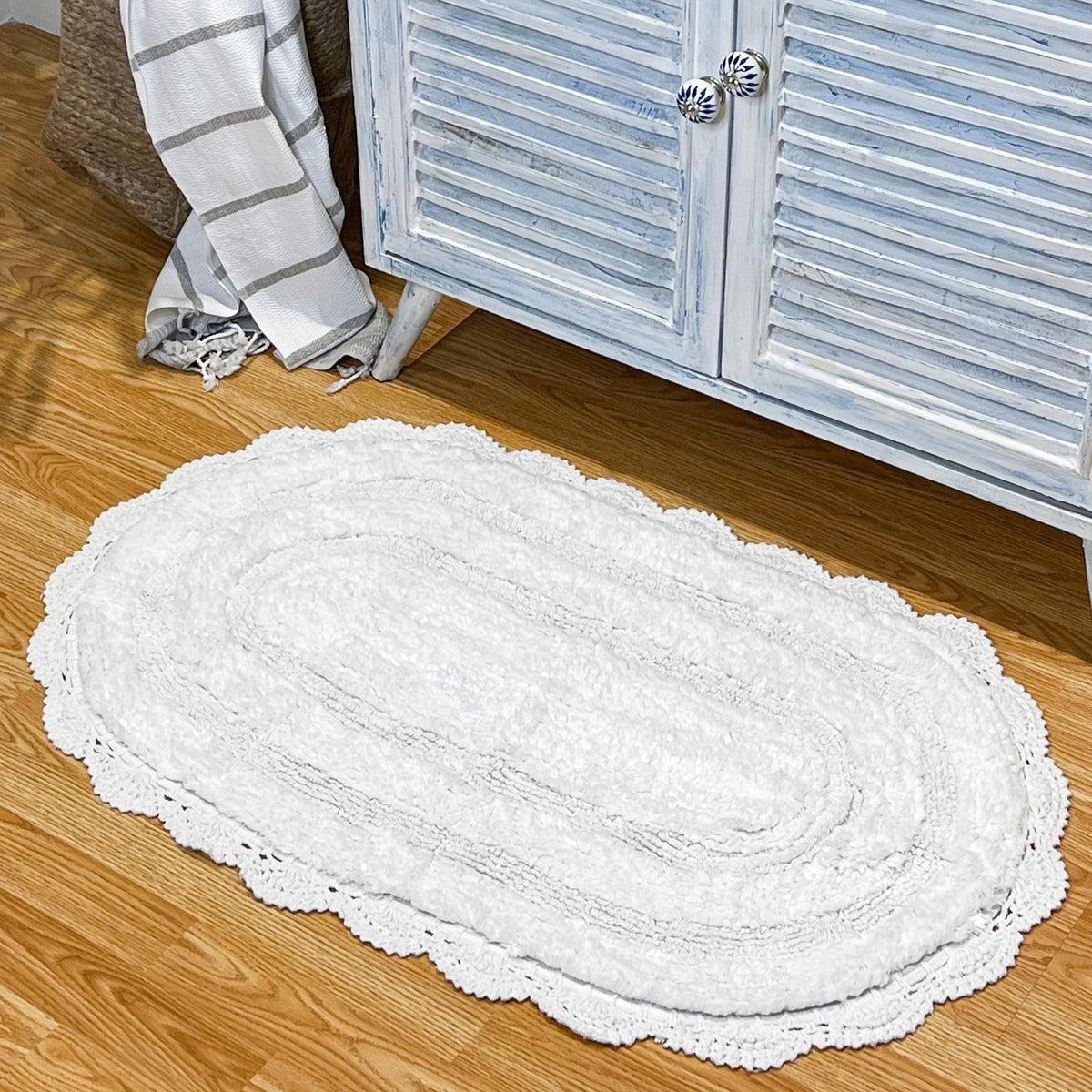 CROCHET OVAL BATH MAT, 24''x40'', WHITE 100% COTTON