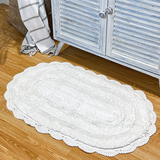 CROCHET OVAL BATH MAT, 24''x40'', WHITE 100% COTTON