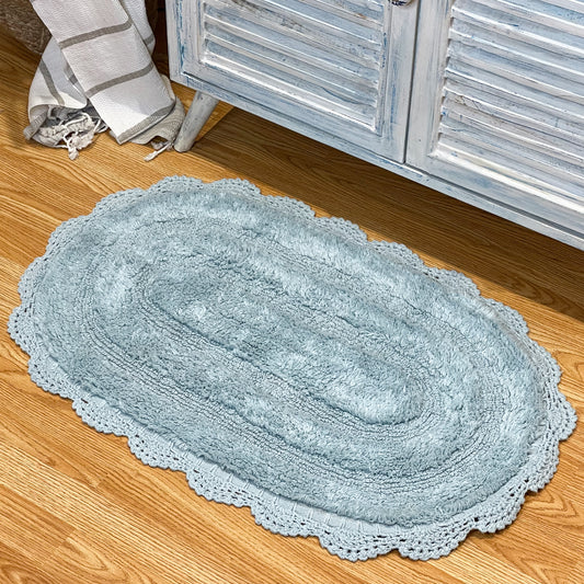 CROCHET OVAL BATH MAT, 21''x34'', POWDER BLUE 100% COTTON