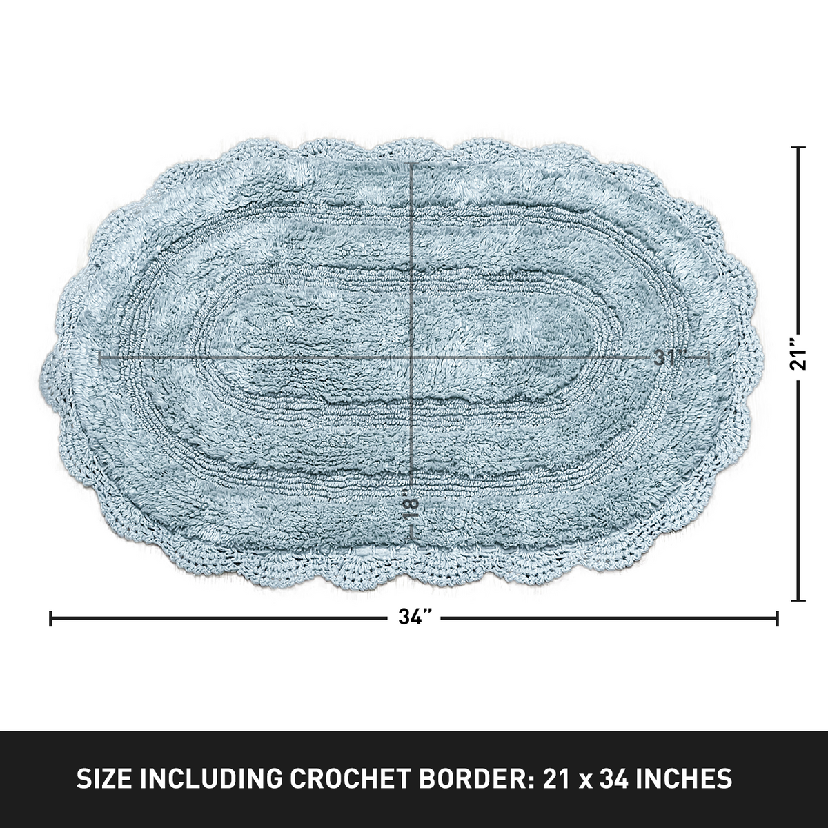 CROCHET OVAL BATH MAT, 21''x34'', POWDER BLUE 100% COTTON