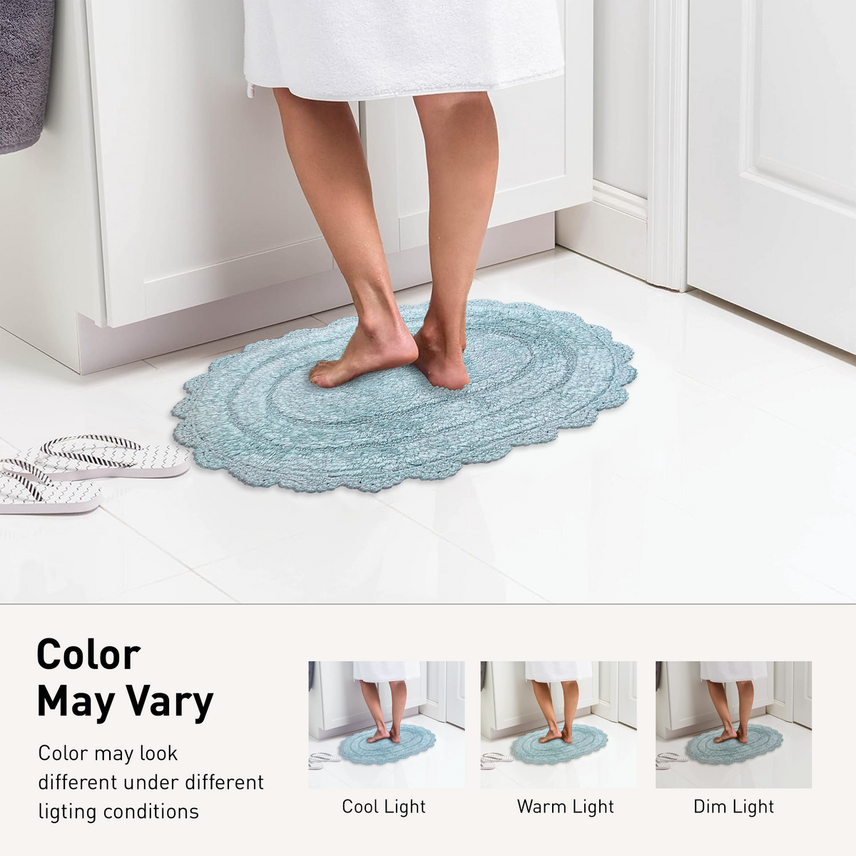 CROCHET OVAL BATH MAT, 21''x34'', POWDER BLUE 100% COTTON