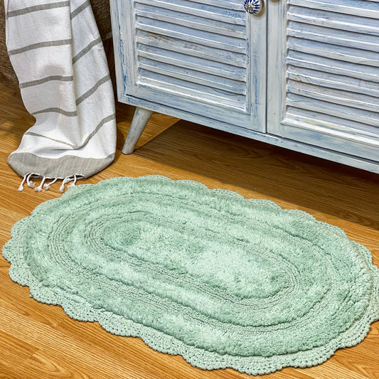 CROCHET OVAL BATH MAT, 21''x34'', LIGHT GREEN 100% COTTON
