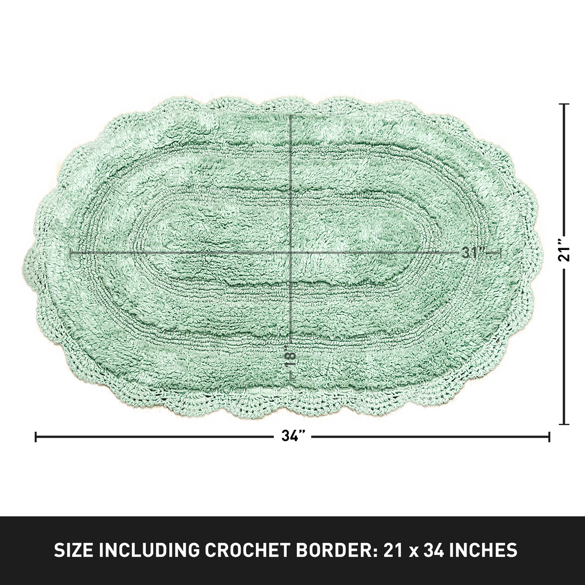 CROCHET OVAL BATH MAT, 21''x34'', LIGHT GREEN 100% COTTON