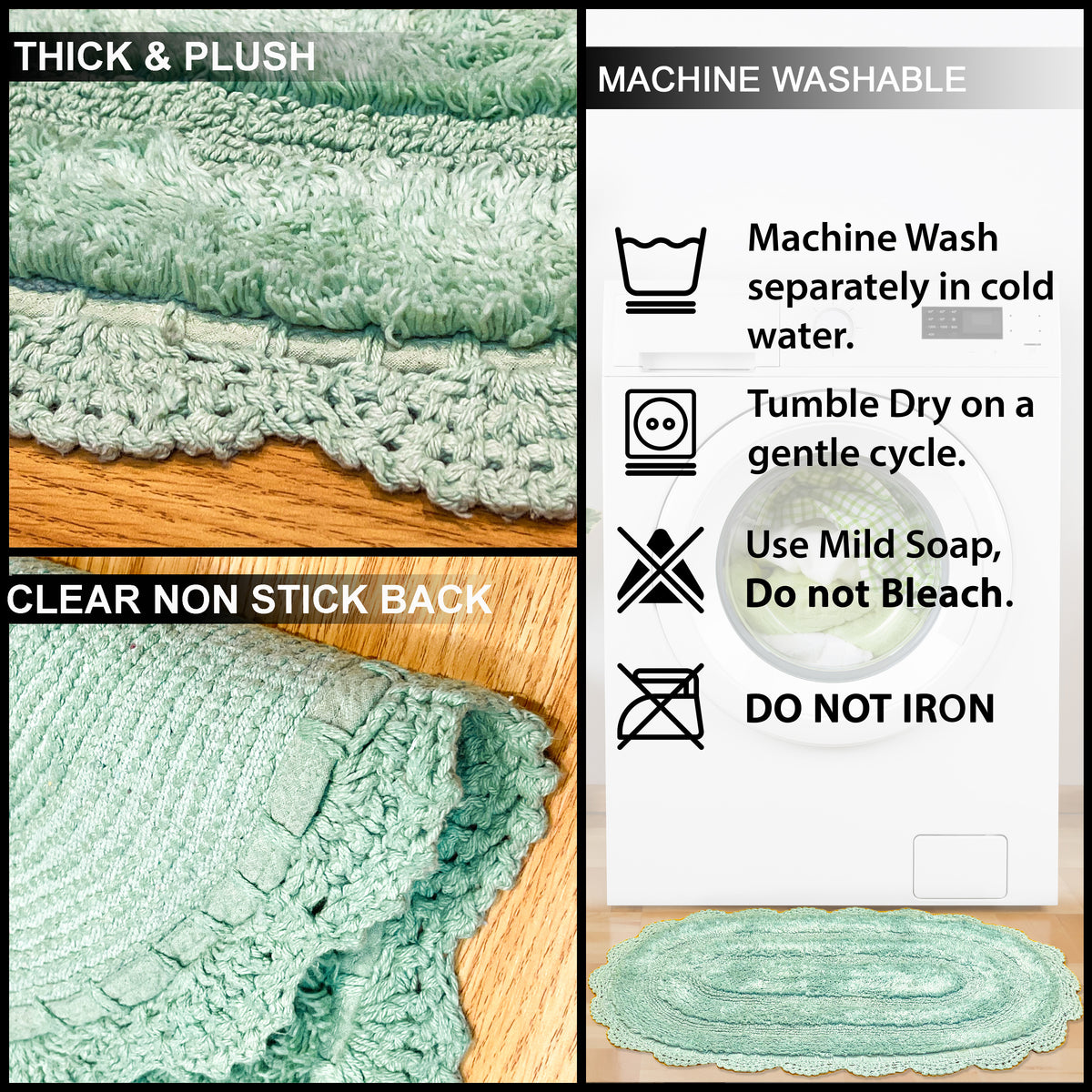 CROCHET OVAL BATH MAT, 21''x34'', LIGHT GREEN 100% COTTON