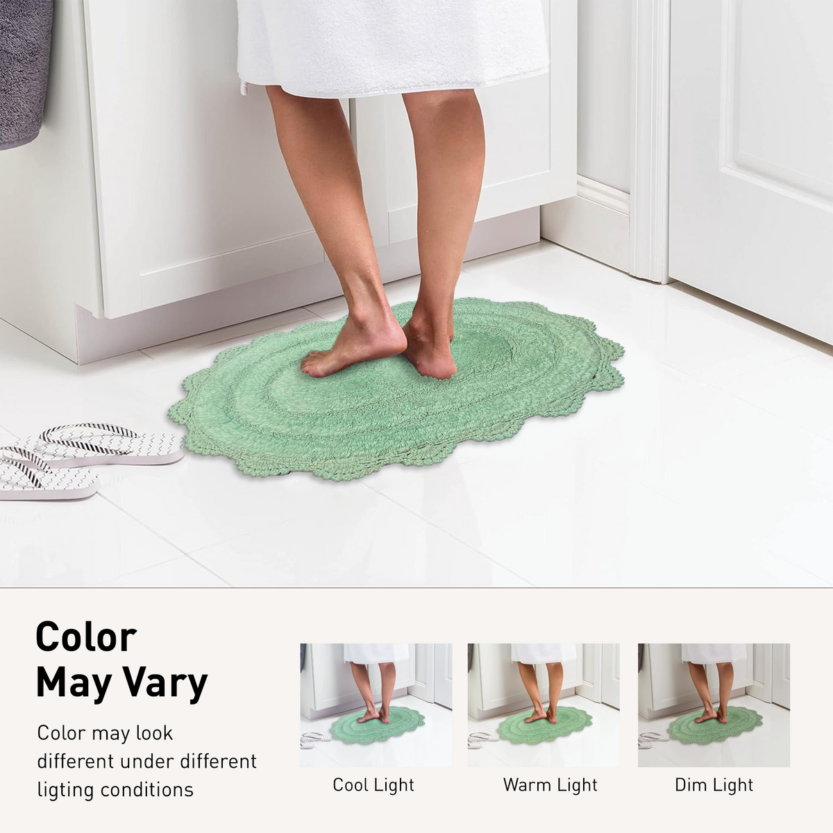 CROCHET OVAL BATH MAT, 21''x34'', LIGHT GREEN 100% COTTON