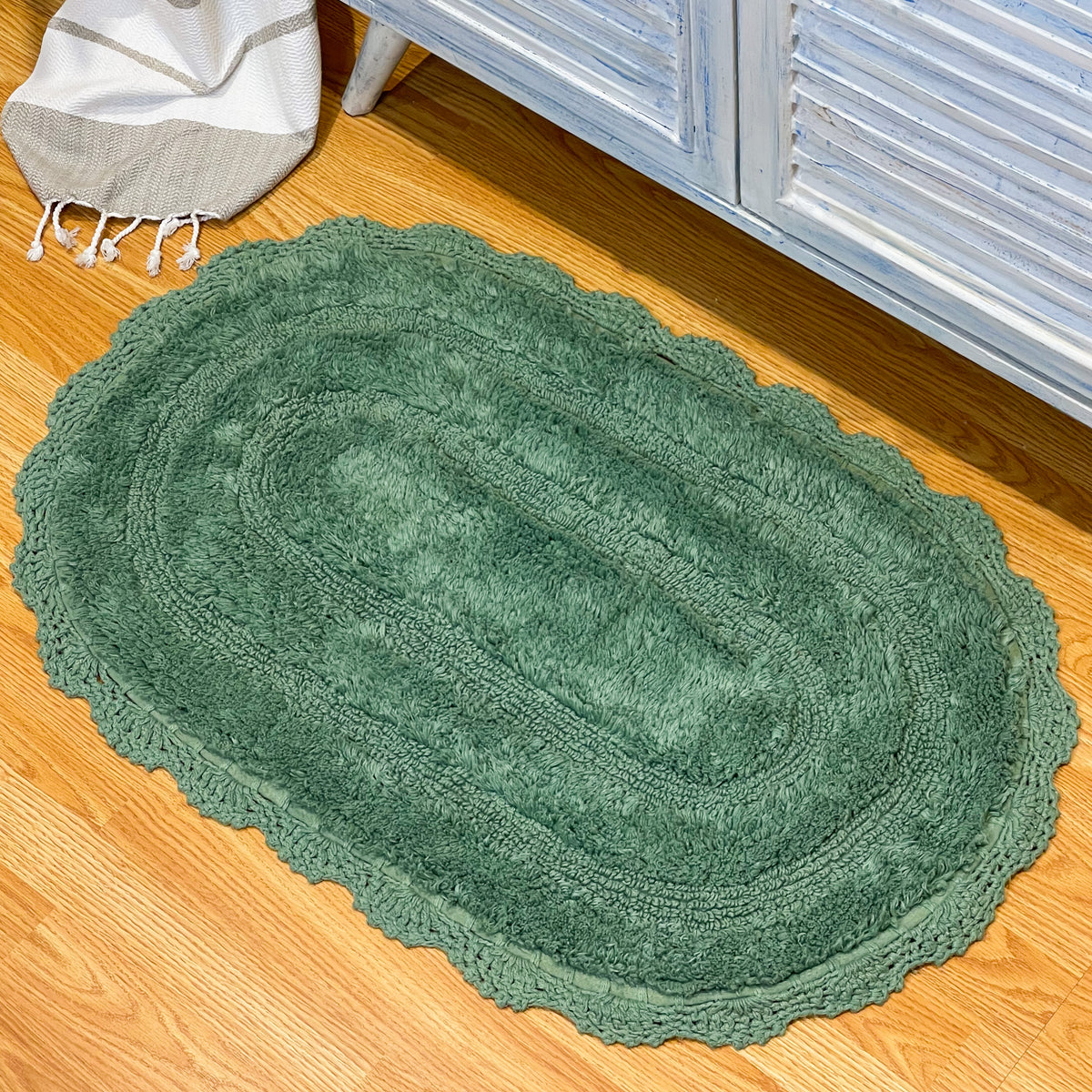 CROCHET OVAL BATH MAT, 21''x34'', SAGE GREEN 100% COTTON