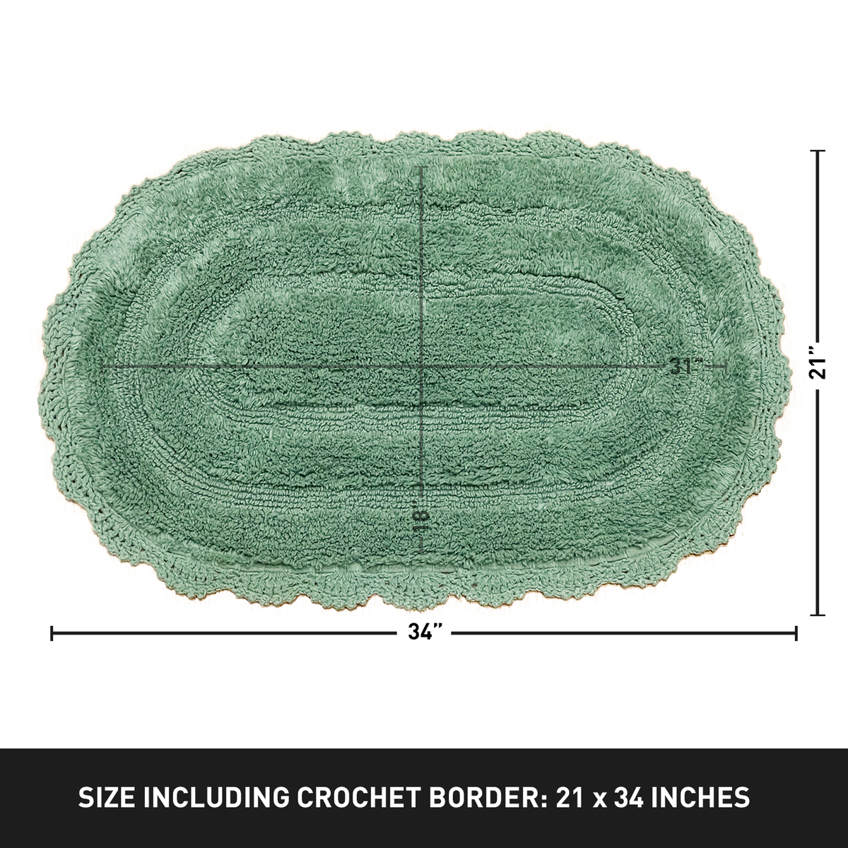 CROCHET OVAL BATH MAT, 21''x34'', SAGE GREEN 100% COTTON