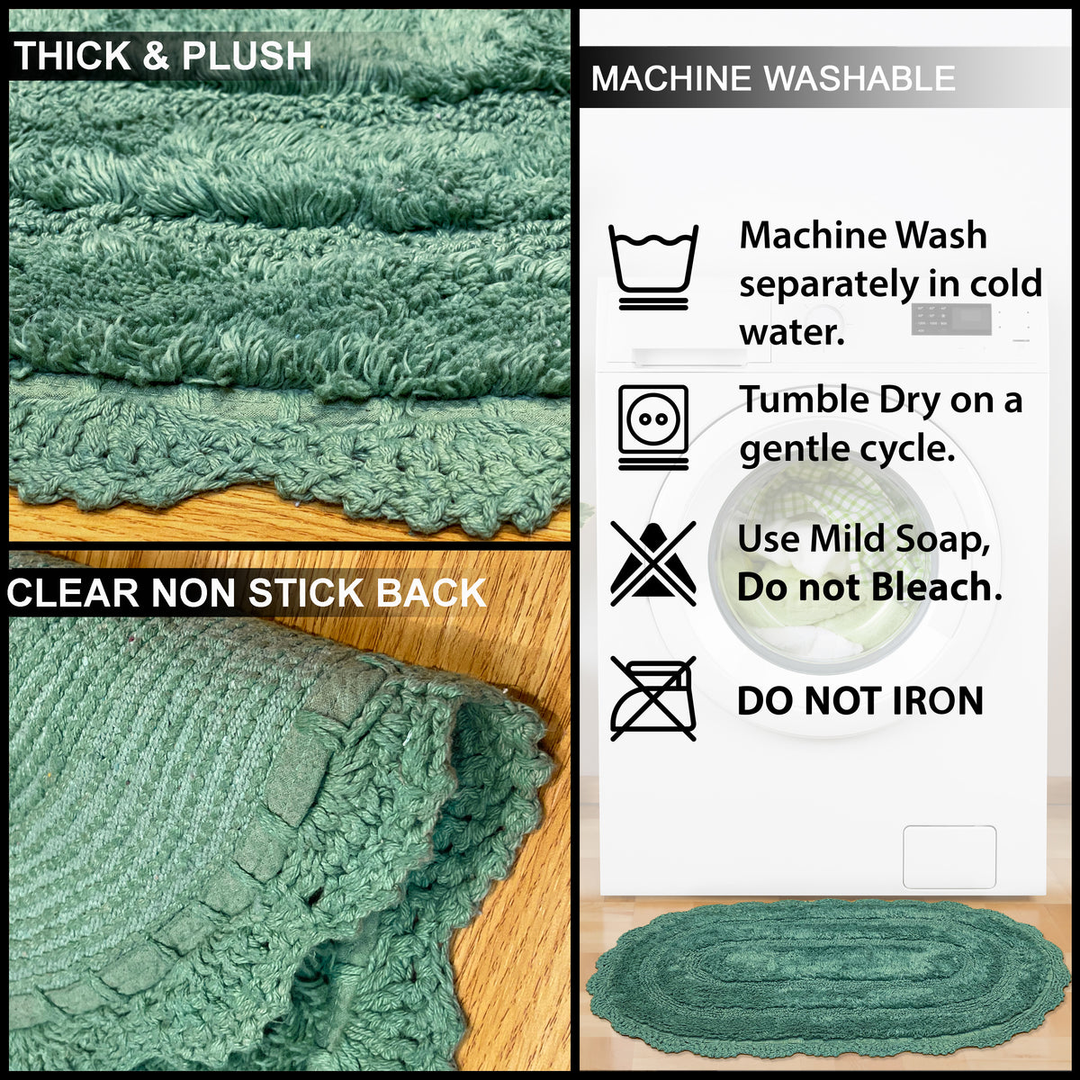 CROCHET OVAL BATH MAT, 21''x34'', SAGE GREEN 100% COTTON