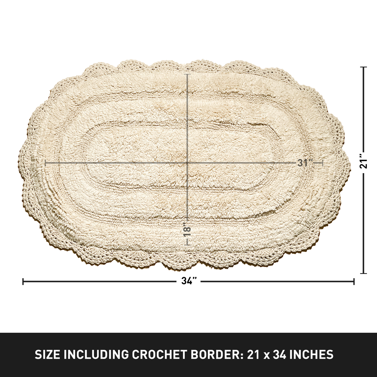 CROCHET OVAL BATH MAT, 21''x34'', IVORY 100% COTTON