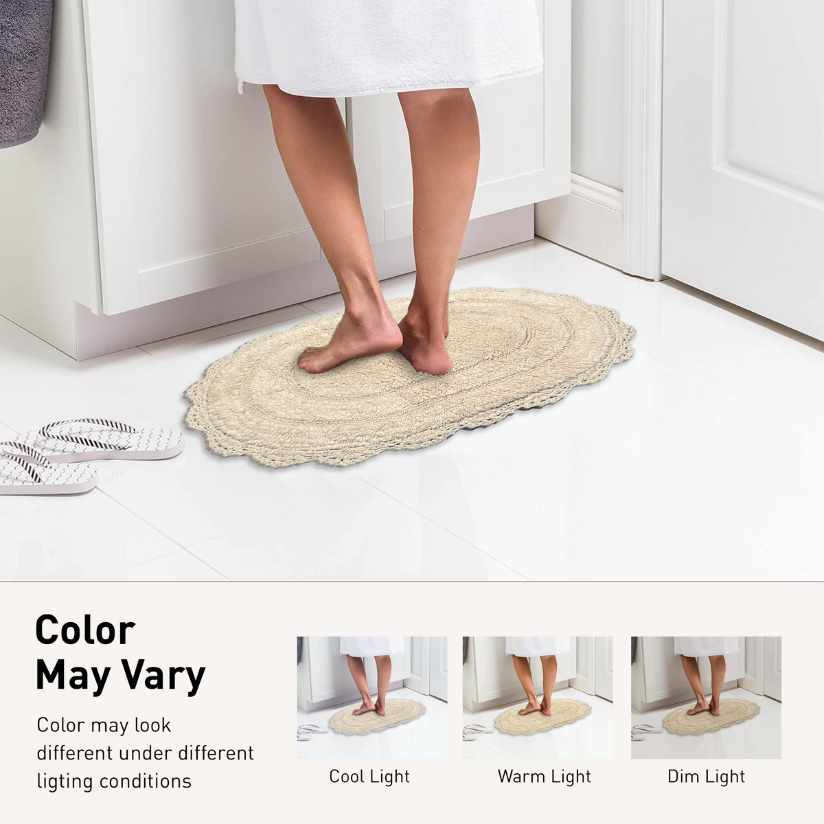 CROCHET OVAL BATH MAT, 21''x34'', IVORY 100% COTTON