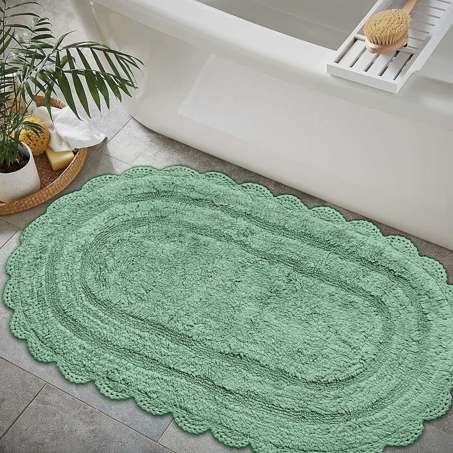 CROCHET OVAL BATH MAT, 24''x40'', SAGE GREEN 100% COTTON