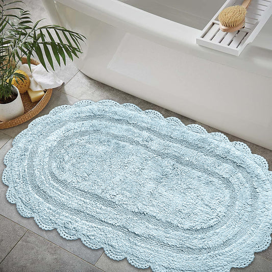 CROCHET OVAL BATH MAT, 24''x40'', POWDER BLUE 100% COTTON