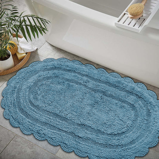 CROCHET OVAL BATH MAT, 24''x40'', PROVENCIAL BLUE 100% COTTON