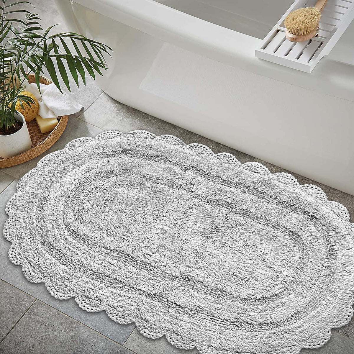 CROCHET OVAL BATH MAT, 24''x40'', LT. GREY, 100% COTTON