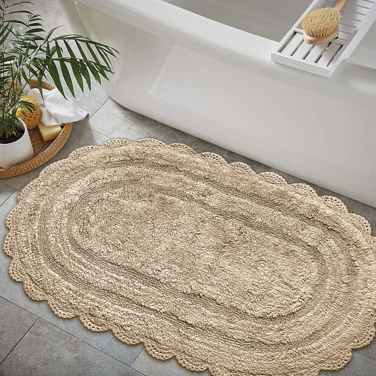 CROCHET OVAL BATH MAT, 24''x40'', BEIGE 100% COTTON