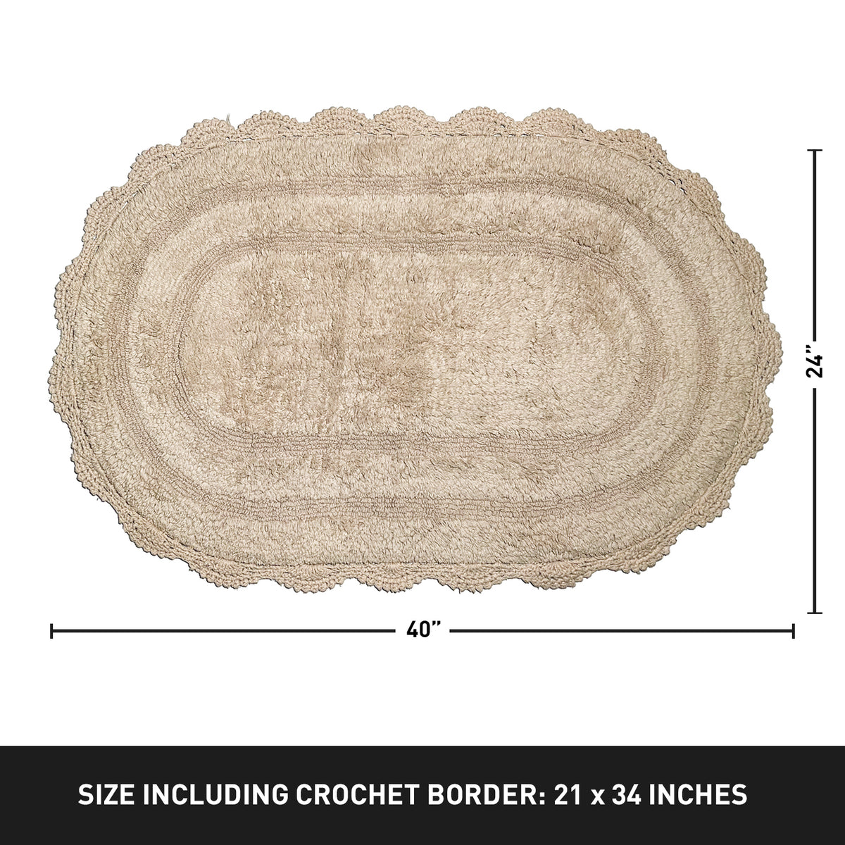 CROCHET OVAL BATH MAT, 24''x40'', BEIGE 100% COTTON