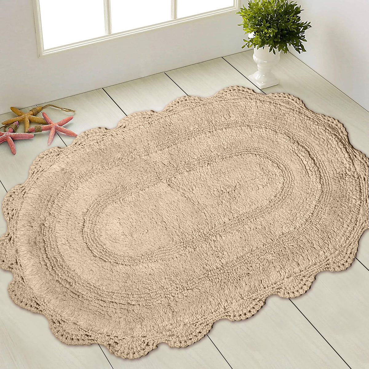 Crochet Oval Bath Mat, 21''X34'', Beige