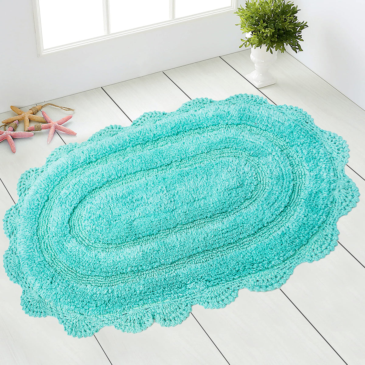 Crochet Oval Bath Mat-Turquoise,21''X34''