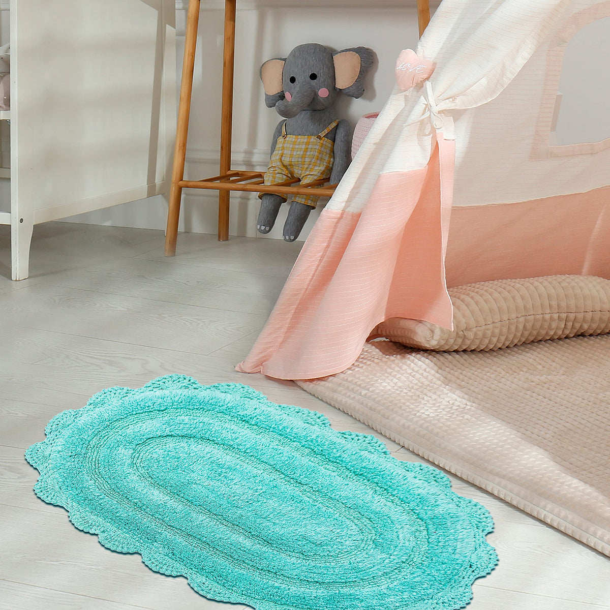 Crochet Oval Bath Mat-Turquoise,21''X34''