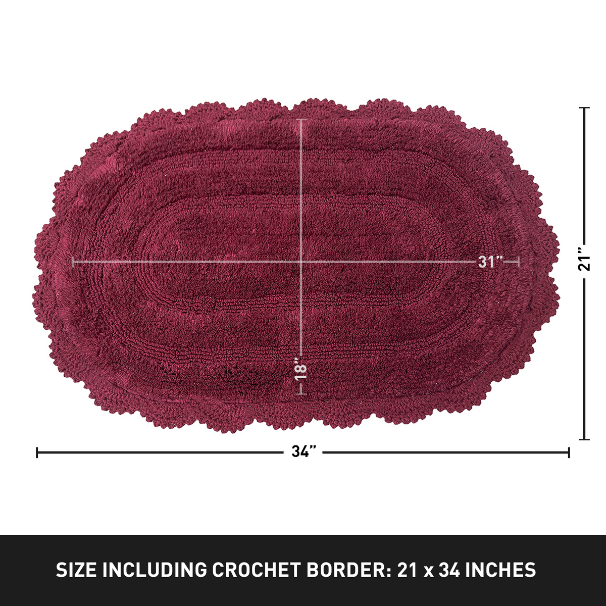 Crochet Oval Bath Mat-Burgundy,21''X34''