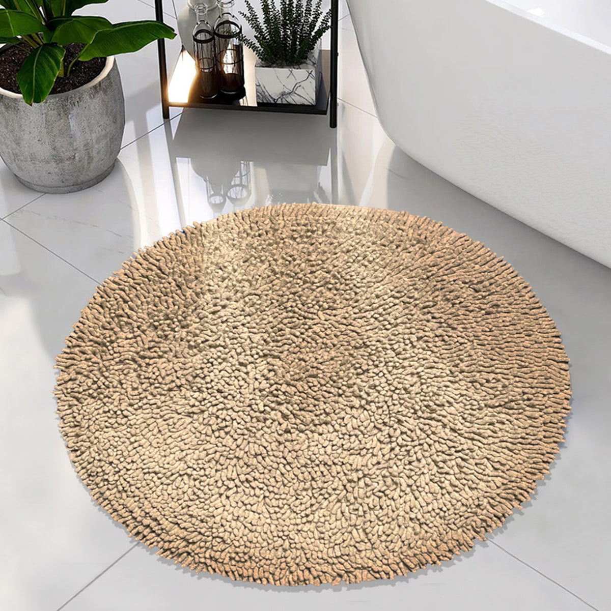 Chenille Shagg Round  Bath Mat - Beige, 24" Round