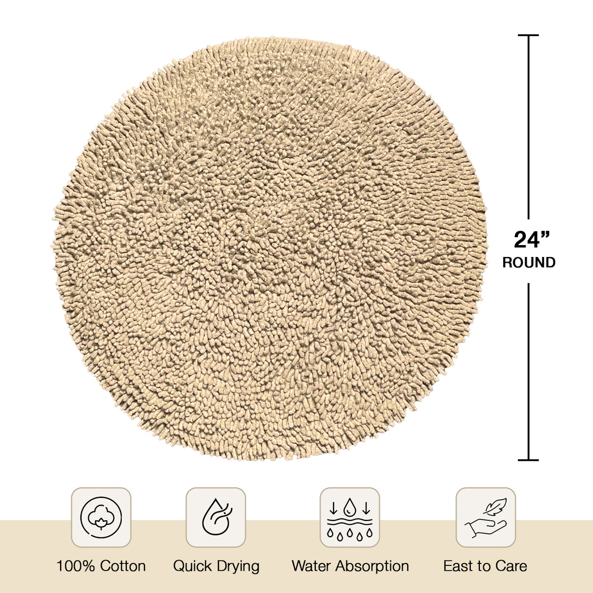 Chenille Shagg Round  Bath Mat - Beige, 24" Round