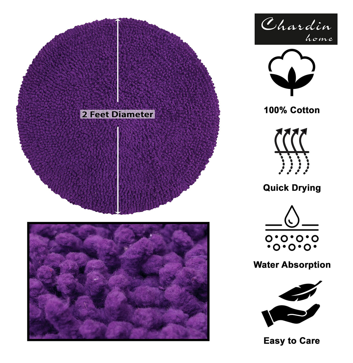 Chenille Shagg Round  Bath Mat - Egg Plant, 24" Round