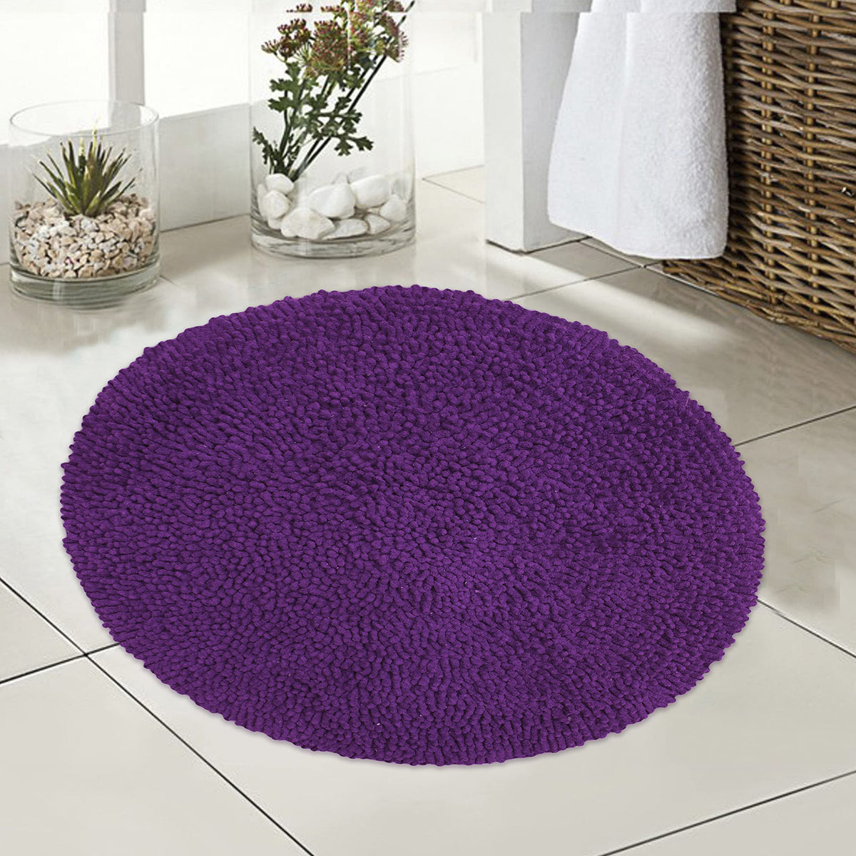 Chenille Shagg Round  Bath Mat - Egg Plant, 24" Round