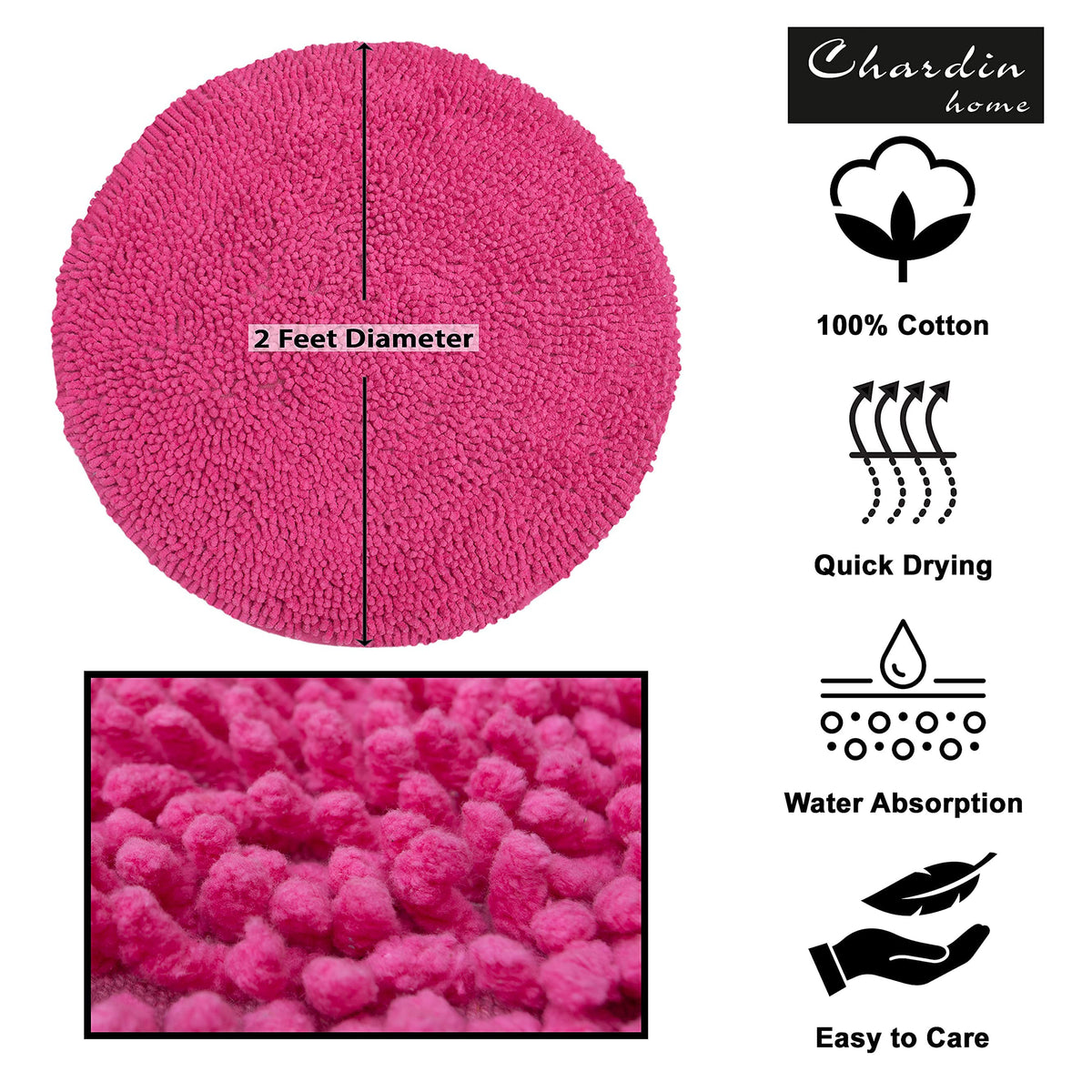 Chenille Shagg Round  Bath Mat - Hot Pink, 24" Round