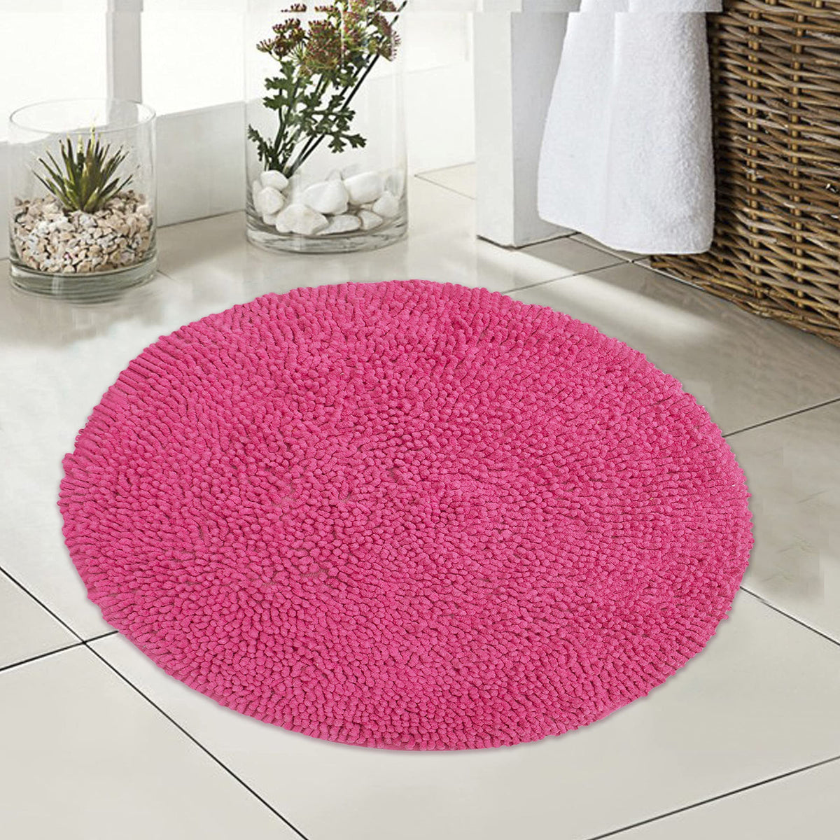 Chenille Shagg Round  Bath Mat - Hot Pink, 24" Round