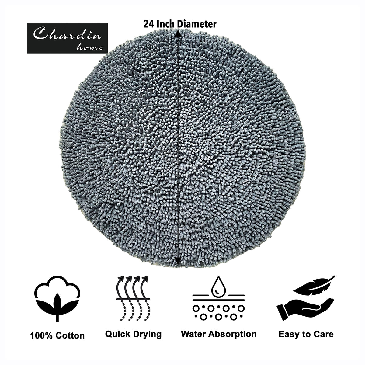 CHENILLE SHAGG ROUND  BATH MAT, 24'' RND, GREY