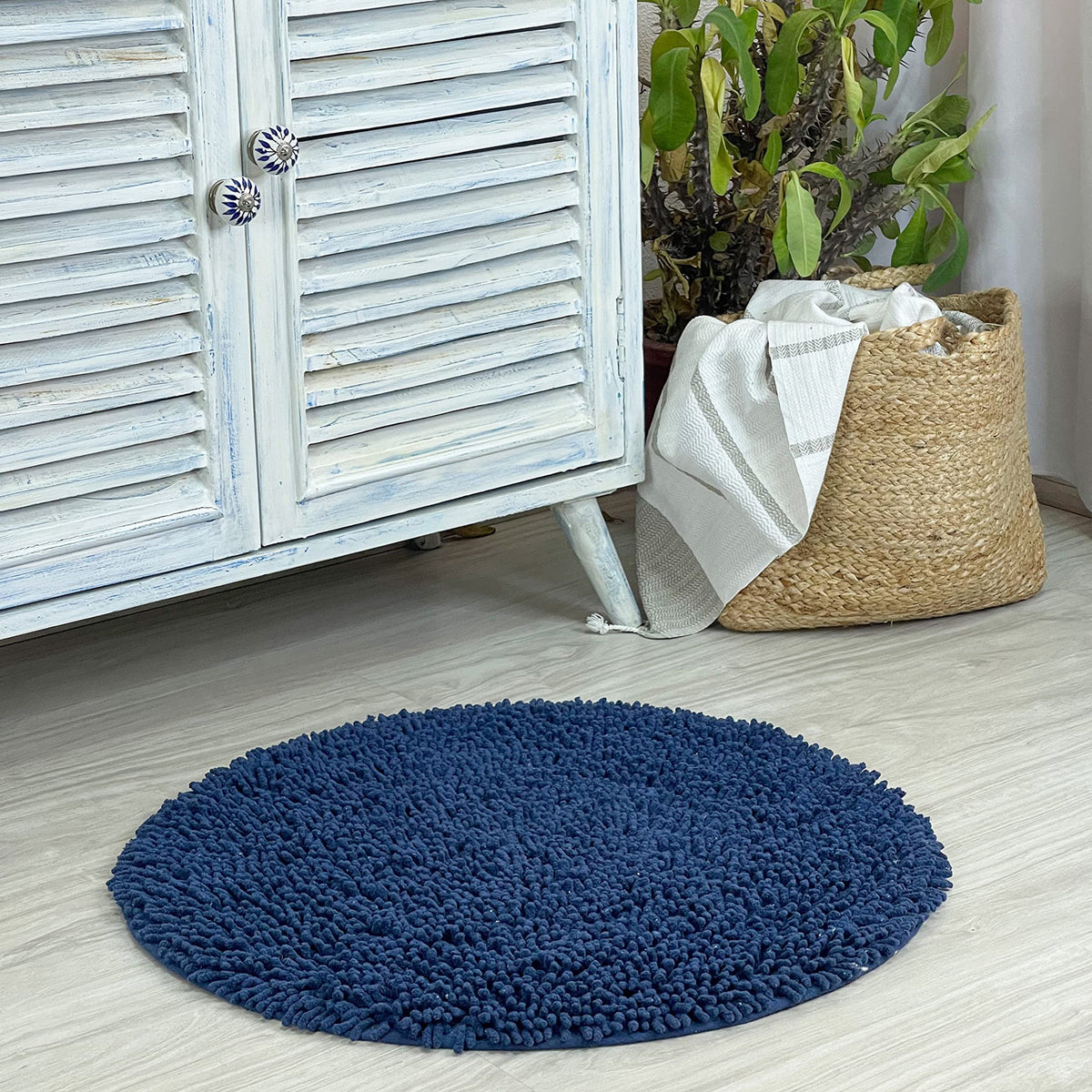 CHENILLE SHAGG ROUND  BATH MAT, 24'' RND, NAVY BLUE