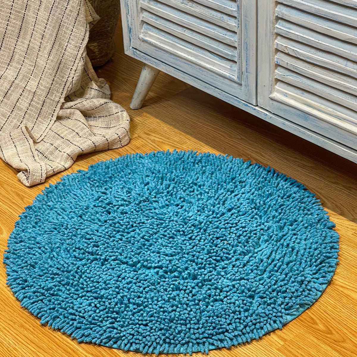 CHENILLE SHAGG ROUND  BATH MAT, 24'' RND, AQUA BLUE