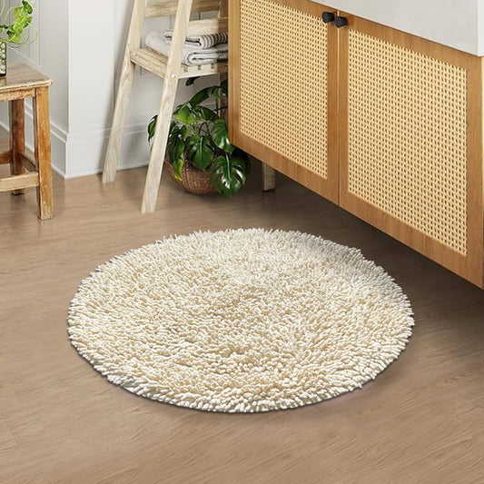 Chenille Shagg Round  Bath Mat - Ivory, 24" Round
