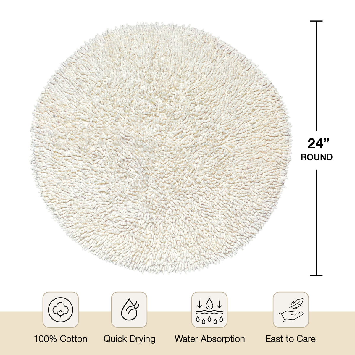 Chenille Shagg Round  Bath Mat - Ivory, 24" Round