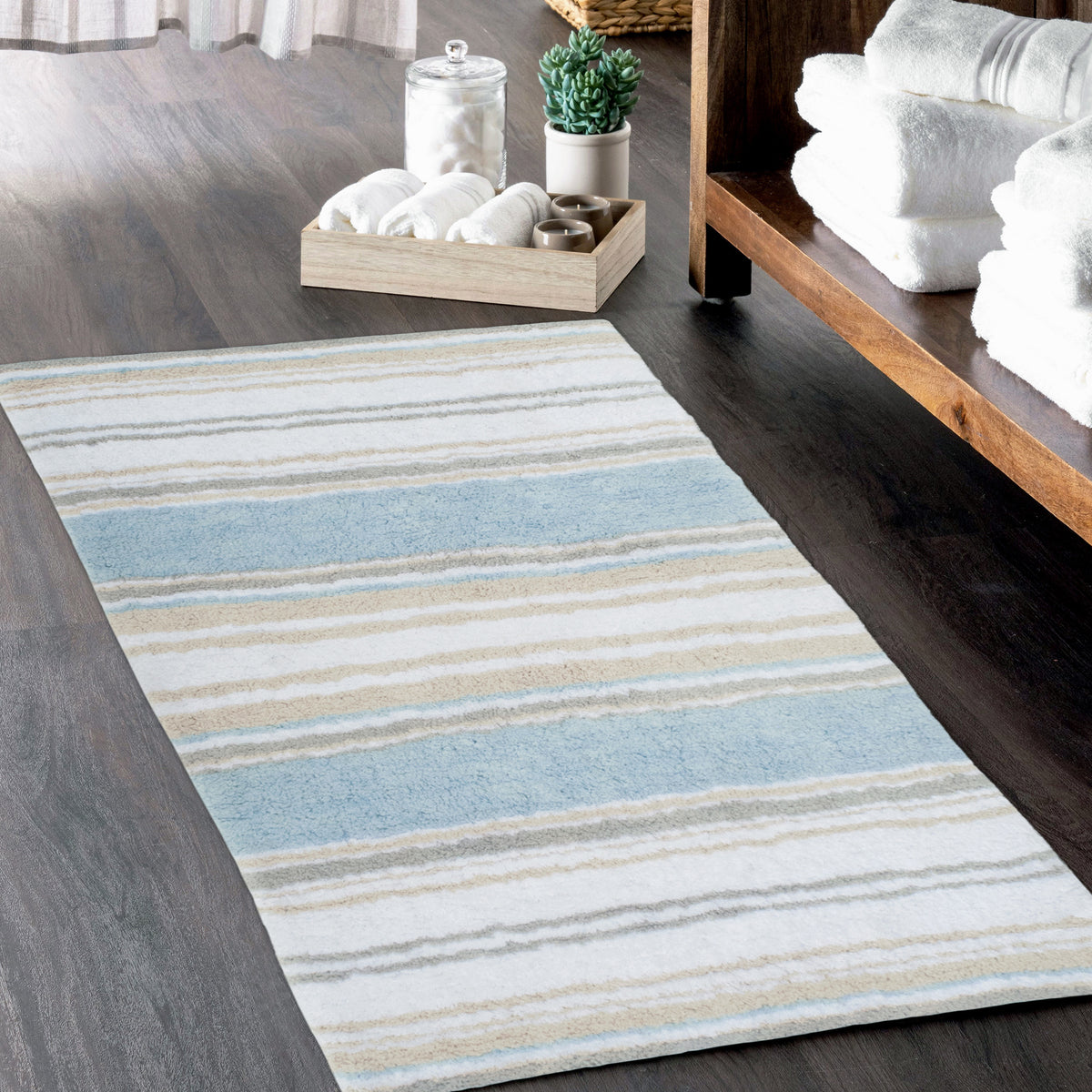 Maui Bath Mat - Coastal Blue/Beige/White, 21"x34"